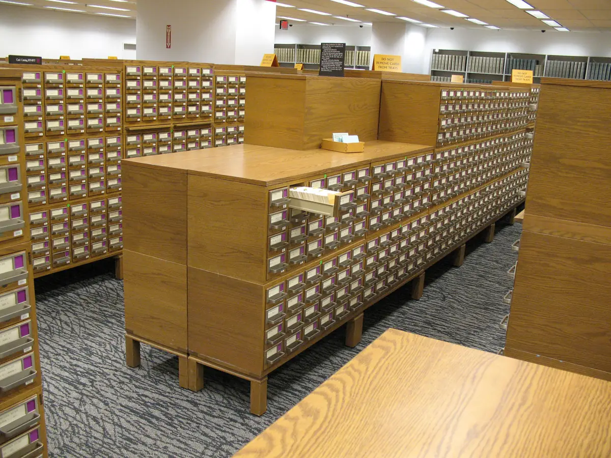 A wall of wooden card-catalogue drawers in the United States Copyright Office.
