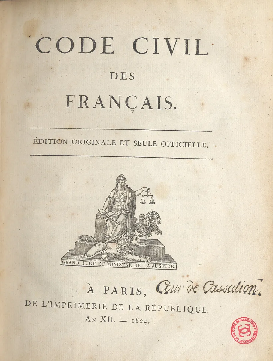 The title page of the Code civil des Français, first edition, 1804.