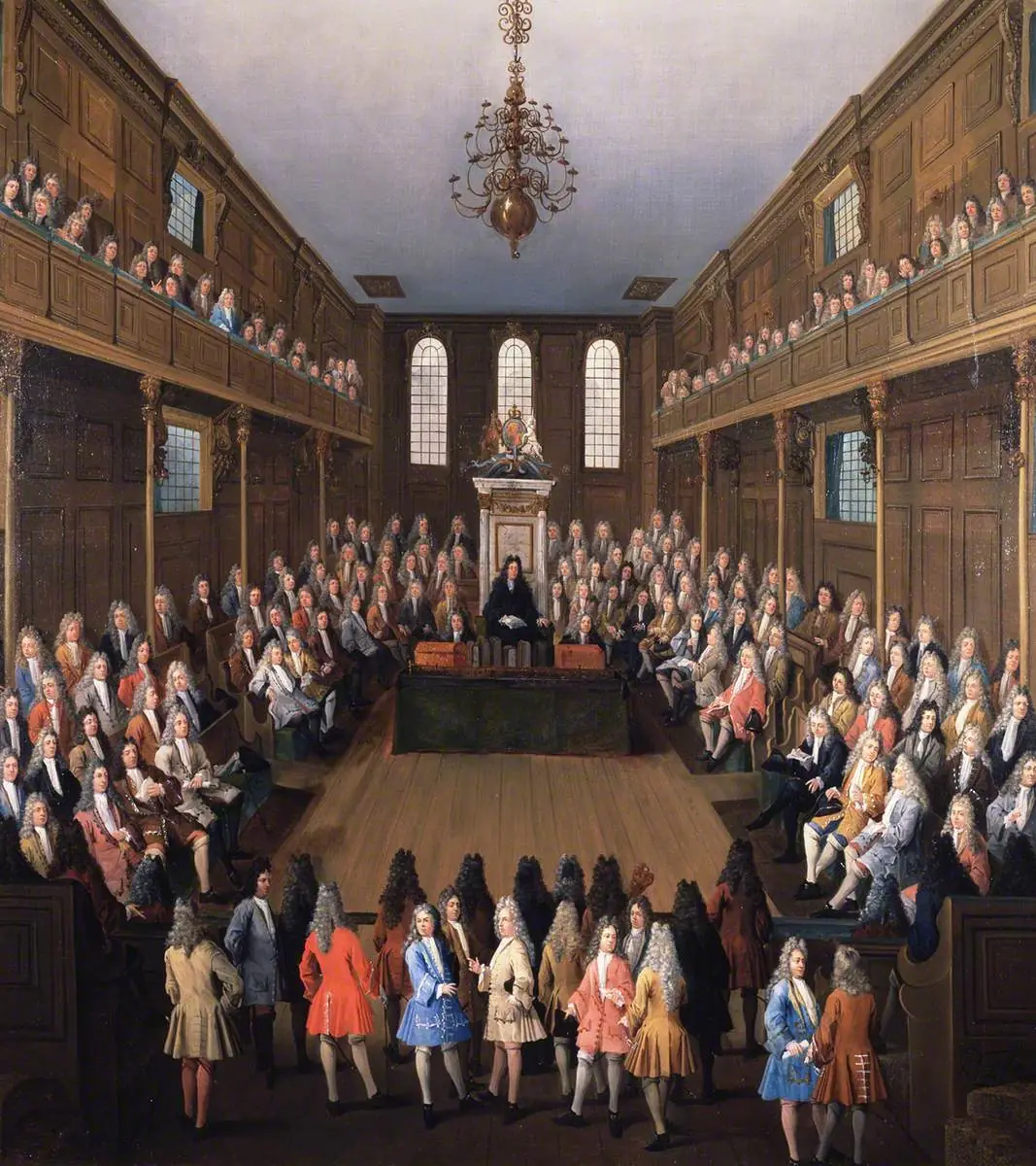 An eighteenth-century painting of the British House of Commons in session, members seated on facing benches with the Speaker's chair between them.