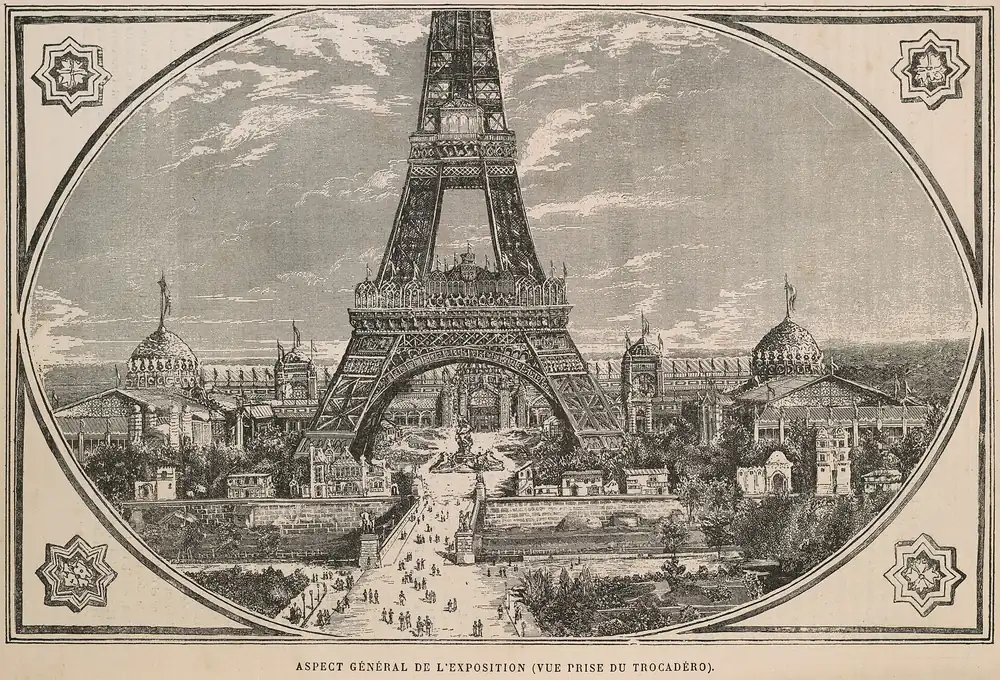 A general view of the 1889 Exposition Universelle in Paris, pavilions stretching across the Champ-de-Mars.