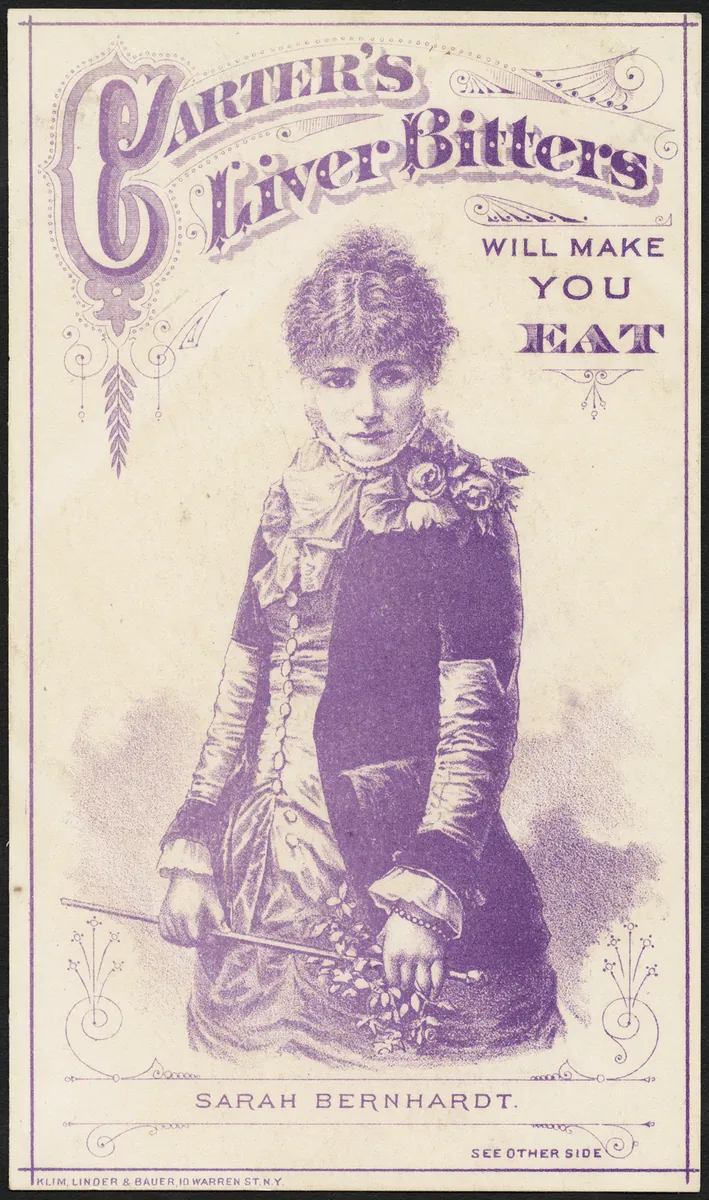 A Victorian patent-medicine trade card advertising Carter's Liver Bitters with a celebrity endorsement.