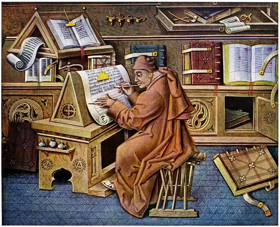 A fifteenth-century illumination of a scribe at a writing desk, pen in hand, with books and instruments around him.