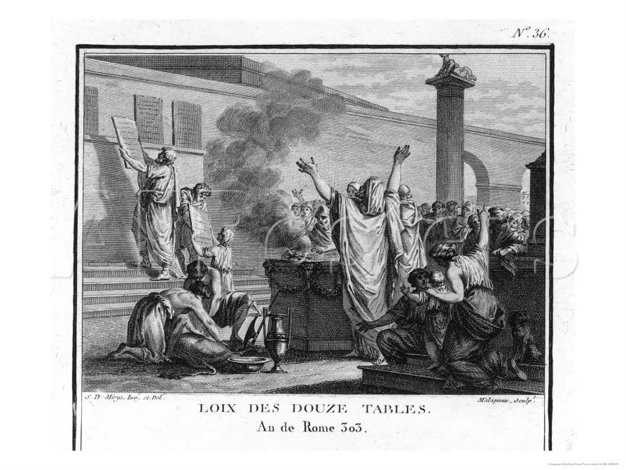 An engraving of the Twelve Tables of Roman law being displayed in the forum, with citizens gathered to read them.