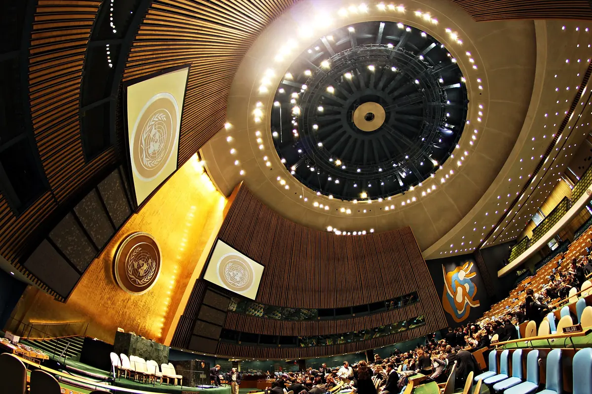 The United Nations General Assembly Hall, seen from the back of the chamber towards the rostrum.